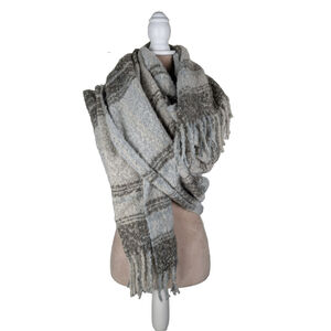 Free People Brushed Plaid Oversize Scarf Green Beige Soft Preppy Cozy